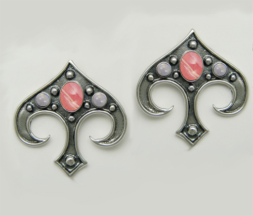 Sterling Silver Gothic Inspired Drop Dangle Earrings With Rhodocrosite And Rainbow Moonstone